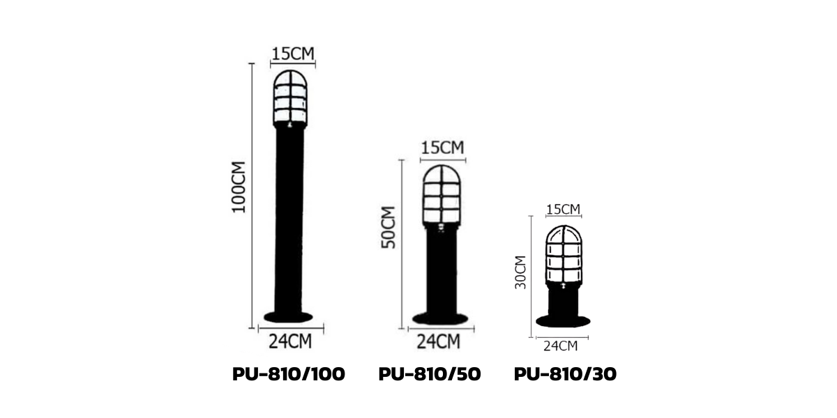 ขนาดโคมไฟสนามโป๊ะแก้วกรงนก รุ่น PU-810