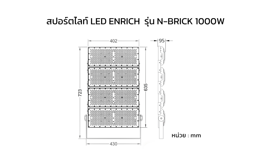 ขนาดสปอร์ตไลท์ LED ENRICH รุ่น N-BRICK 1000W MEAN WELL